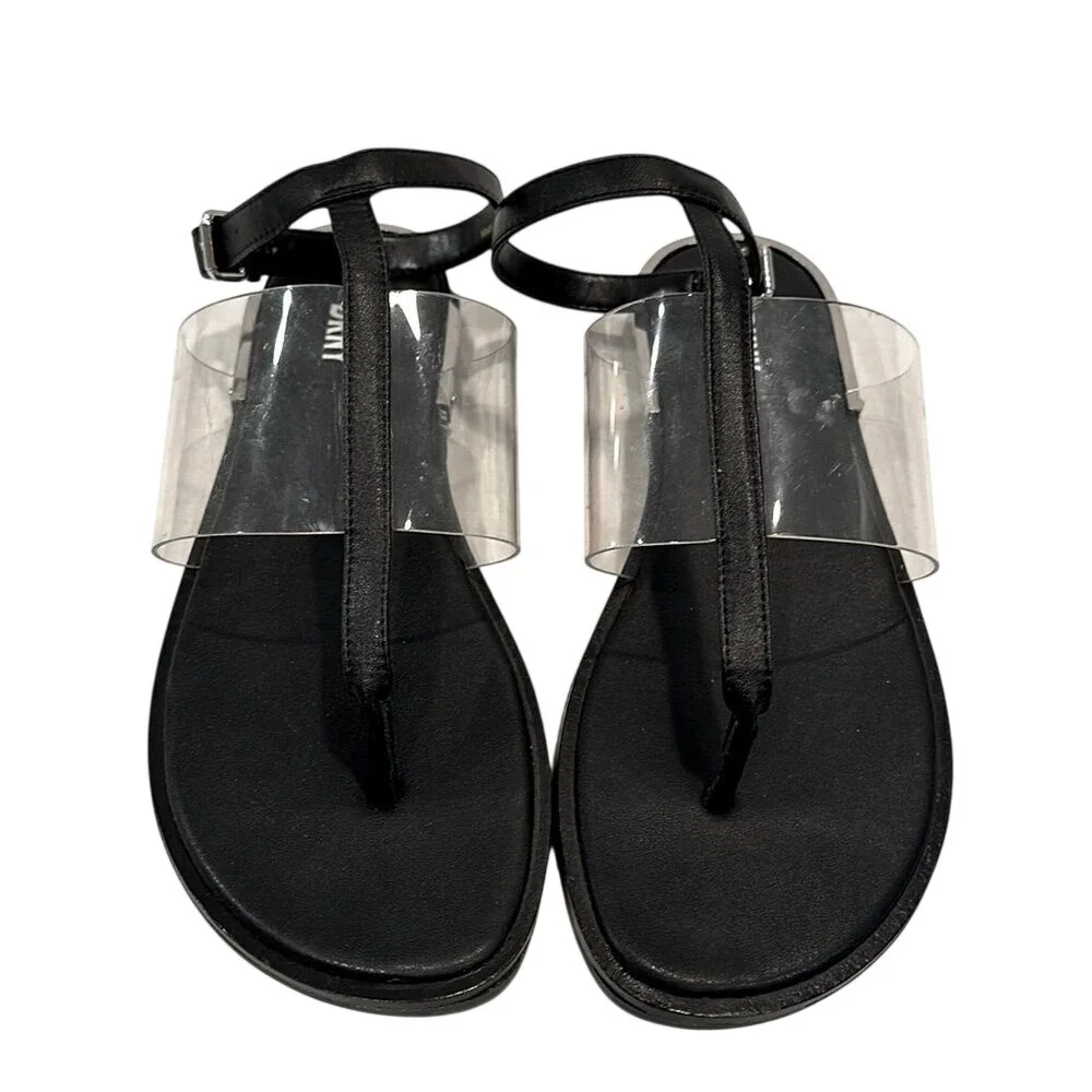 DKNY Ava Ankle T-Strap Thong Sandals Women's 6 Black Clear Minimalist Modern‎